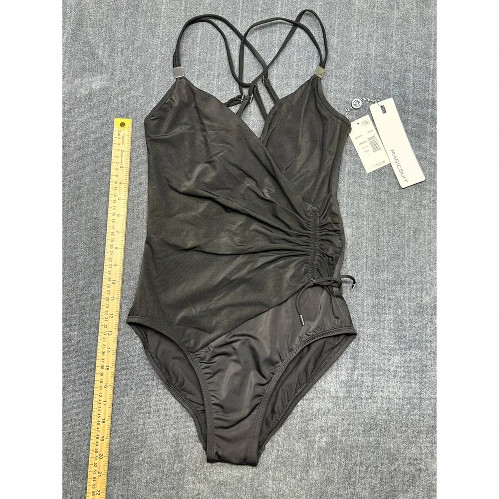 Magicsuit by Miraclesuit Womens Black Wrap Front One Piece Swimsuit Size 8